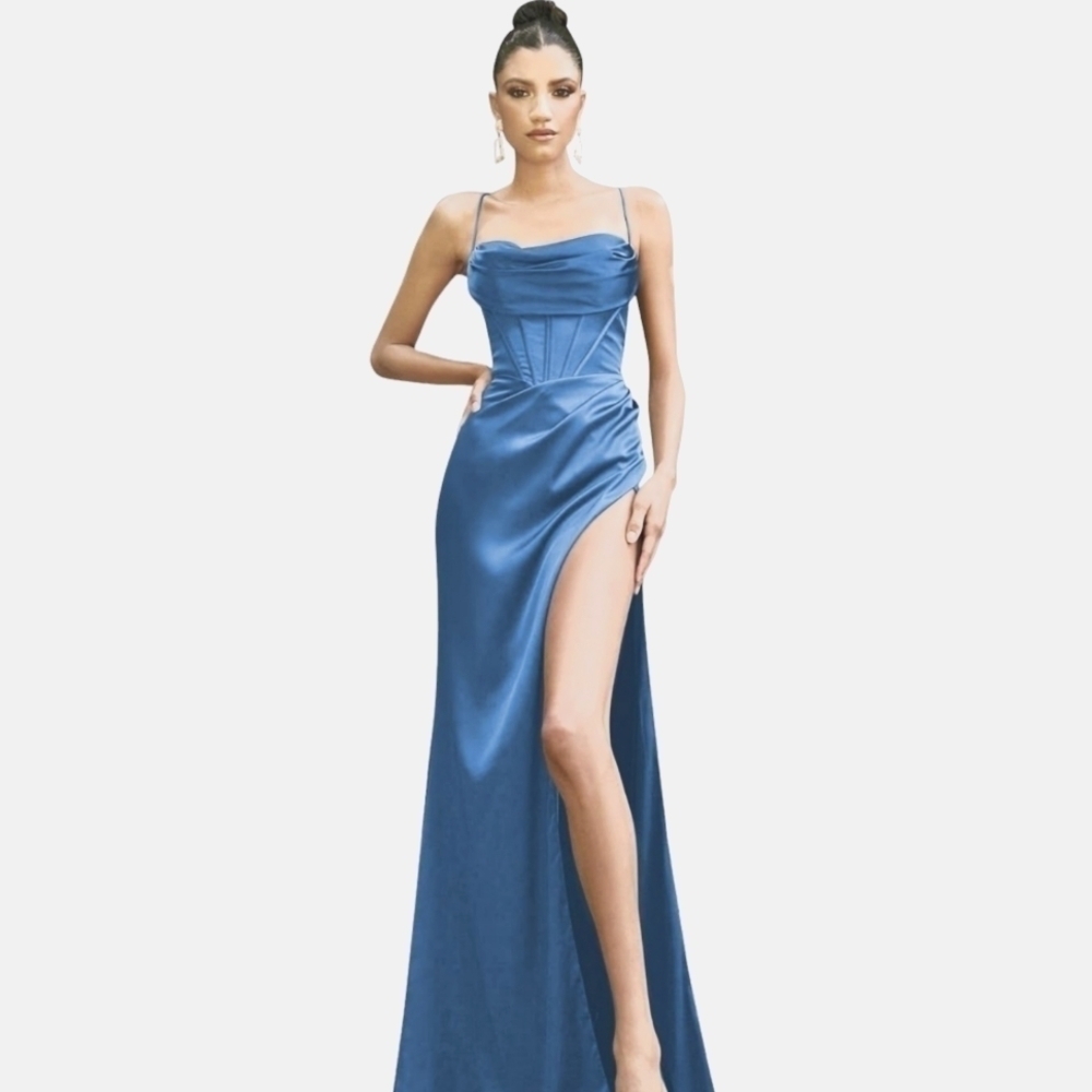High Front Slit "Smokey Blue" Lavender Corset Cowl Satin Gown Dress, Size XS